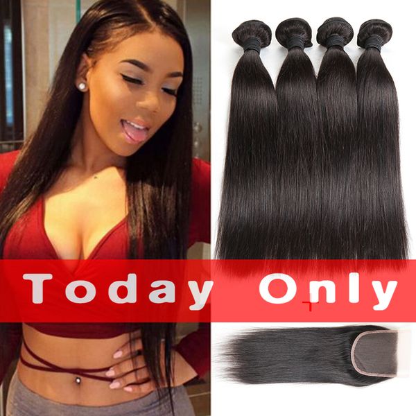 2019 Peruvian Straight Virgin Hair 4 Bundle Deals With Closure 10a