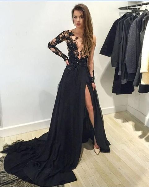 

Sexy Side Split Black Prom Dress 2019 A Line with Long Sheer Sleeve Appliques Chiffon Vestido Longo Evening Dress Prom Dress Robe de soiree