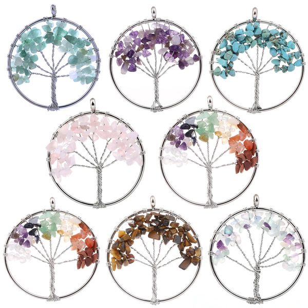 

copper wire wrapped 7 color gravel natural stone life tree pendant women jewelry luck accessory gravel crystal pendant d88s, Silver