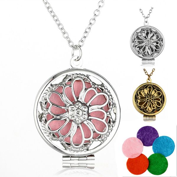 

retro style jewelry silver/bronze color with sunflower shaped locket essential oils diffuser long necklace for women party