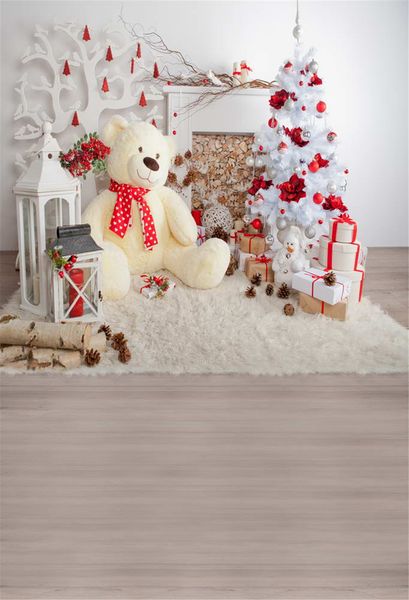 Acheter Noël Photographie Toile De Fond Blanc Sapin De Noël Avec Argent Rouge Boules Fleurs Grand Jouet Ours Enfants Enfants Photo Studio Fond Bois