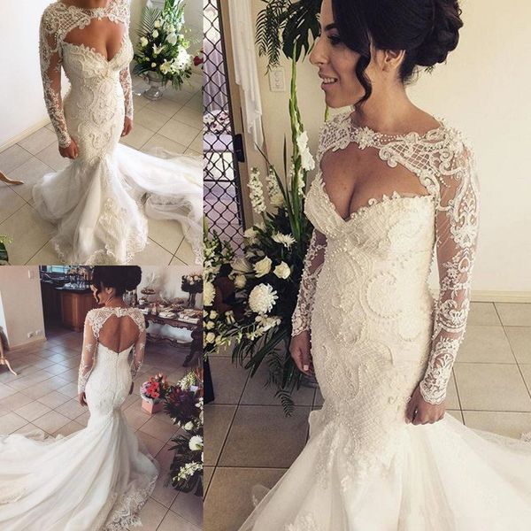 

Azzaria Haute keyhole neck lace pearl mermaid wedding dresses with Long Sleeve 2018 Plus Size Backless Vintage Sweep Train Wedding Gown