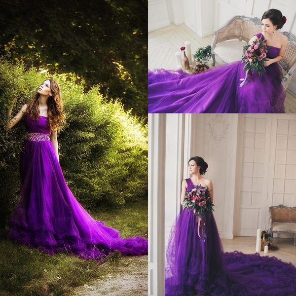 

purple one shoulder bridesmaid dresses 2016 tulle sweep train maid of honor dresses waist beaded formal party dresses for women, White;pink