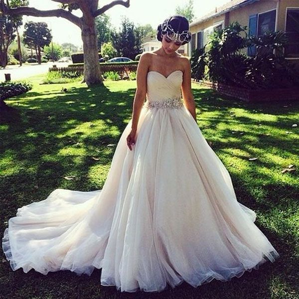 

gorgeous strapless wedding dress low back ruched organza a line bridal gowns sleeveless sweep train bride wear with exquisite sash, White