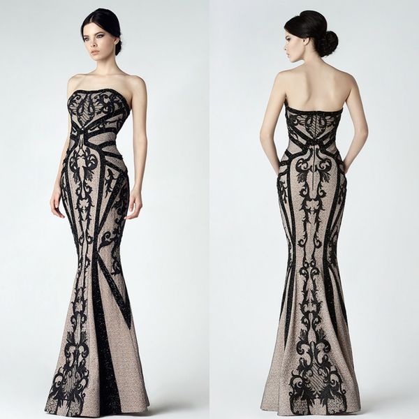 

chic saiid kobeisy lace dresses evening wear mermaid strapless neck beaded evening gowns floor length appliqued formal dress, Black;red