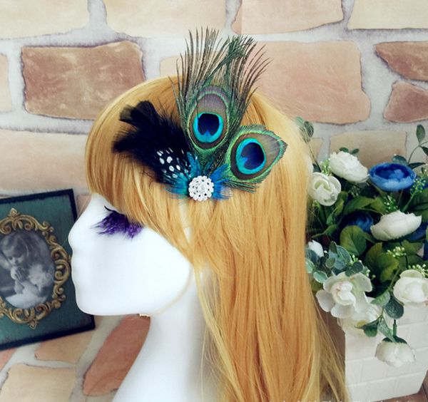 

peacock feather hair clips hairpin sparkling rhinestones bridal wedding hair clip brooch head accessory, Black;brown