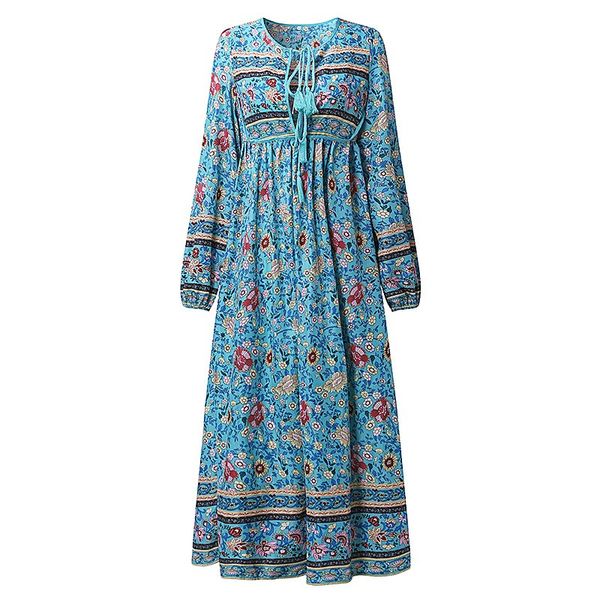 Großhandel - 2017 Neue Mode Frauen Chiffon Floral Langes Maxikleid Boho Lose Strand Midi Sommerkleid Damen Kaftan Pullover Langarm V-Ausschnitt