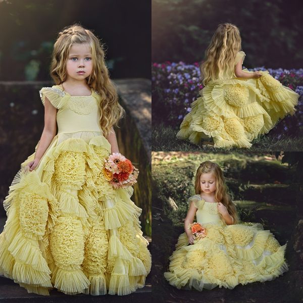 

урожай желтый цветок девушки платья для свадьбы 2018 кружева аппликация оборками дети формальная одежда рукавов лонг-бич девушки театрализов, White;blue