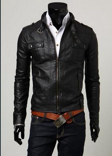 

men in the spring and autumn clothing design fitted jacket motorcycle leather clothing men's stand-up collar outerwear / m-xxl, Black