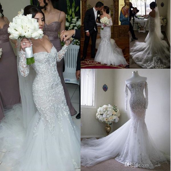 

великолепная русалка свадебные платья с длинными рукавами с плеча свадебные платья мягкие тюль кружева аппликации бисер развертки поезд свад, White