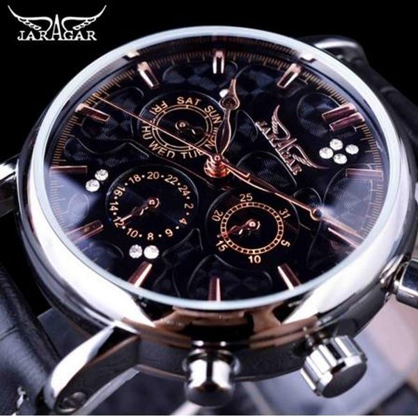 Jaragar Obscure Swirl Fashion 3 Zifferblatt Design Diamant Schwarz Goldenes Zifferblatt Echtes Leder Männer Uhren Top-marke Luxus Automatische Uhr