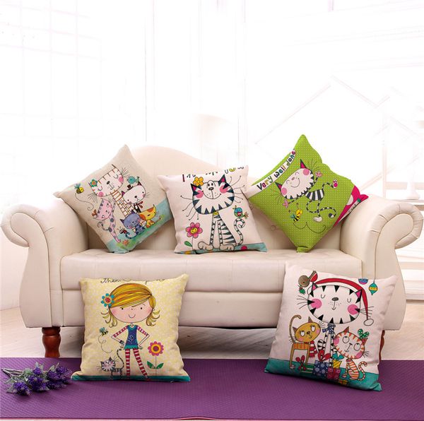 Factory Supply Hand Painted Cute Cartoon Cat Girl Linen Cotton