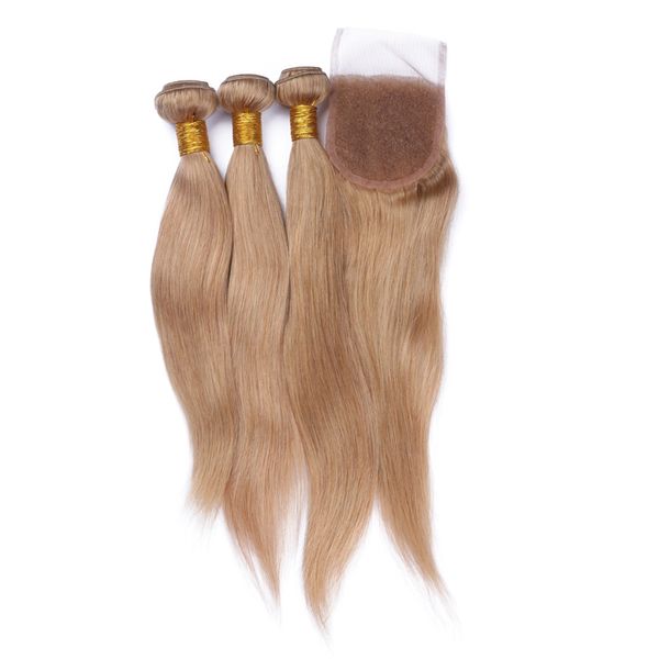 Pure Color 27 Hair With Closure 4x4 Bleached Knots 9a Brazilian