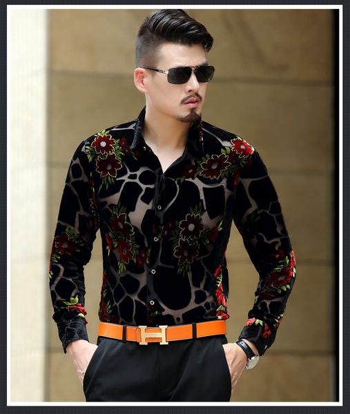 

Mens See Through Shirts Vintage Baroque Shirts Mens Flower Silk Transparent Dress Shirts Leopard Print Camiseta Masculina