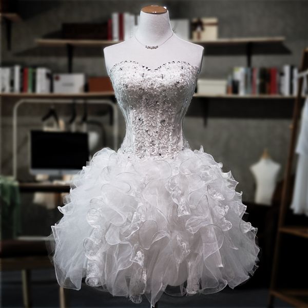 

beaded lace organza short ball gown wedding dress with ruffles lace up wedding gowns fast shipping, White