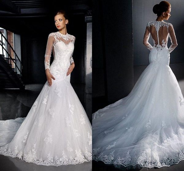 

старинные кружевные свадебные платья с длинным рукавом и высоким воротом свадебные платья иллюзия прозрачная кнопка назад аппликация кружева, White