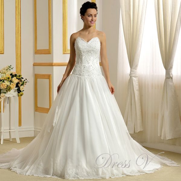 

Romantic Wedding Dresses 2019 White Sweetheart Beadings on Body Backless Lace-Up Chapel Train Bridal Gowns vestidos de noiva free shipping