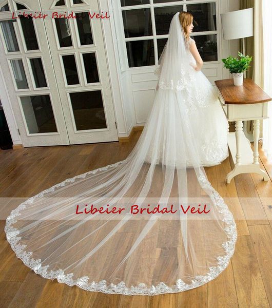 

new luxury soft tulle two layer lace applique edge with comb lvory white wedding veil cathedral bridal veils three meters long, Black