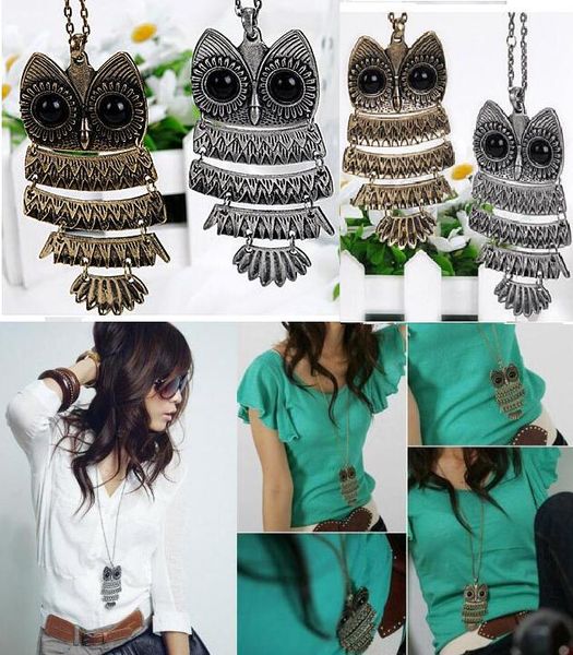 

2016 wholesale - vintage style copper/silver color owl long pendant necklace,owls necklace 2 colors 8pcs