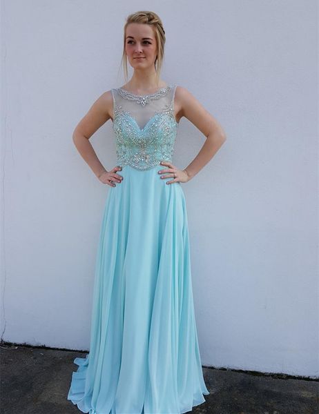 

2019 new long light blue prom dress backless sleeveless crystals beading chiffon floor length party gowns custom size, Black