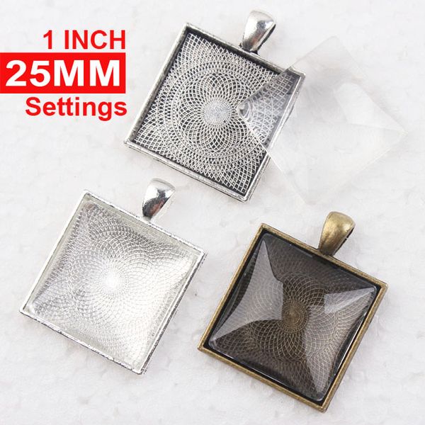 

1 inch Square Pendant Trays + glass cabochon set, Blank Pendant Bases, 25mm Bezel Pendant Settings for Glass or Stickers