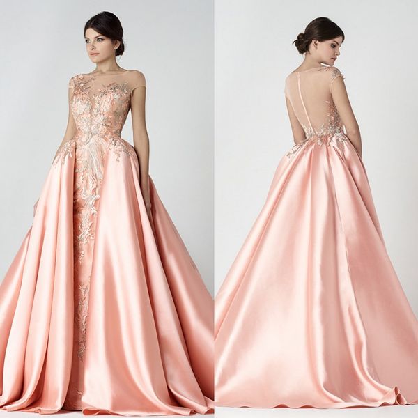 

2019 saiid kobeisy overskirt вечерние платья a-line sheer бато шеи аппликация без спинки пром платья длиной до пола атласная вечернее платье, Black;red