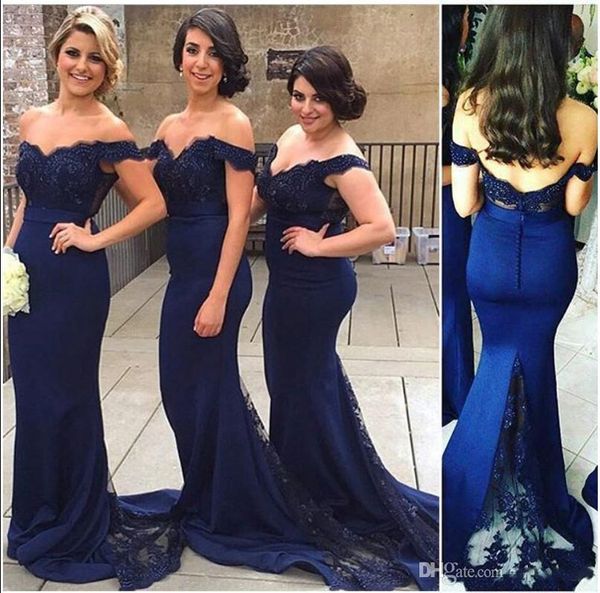 Eleganti abiti da damigella d'onore blu navy 2016 a buon mercato con spalle scoperte Appliques in pizzo lungo abito da damigella d'onore abiti da sposa