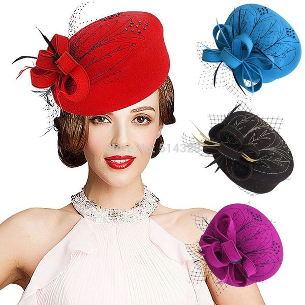 

embroidered retro womens veil feather formal occasion cocktail party felt wool floral pillbox winter hat a140, Blue;gray