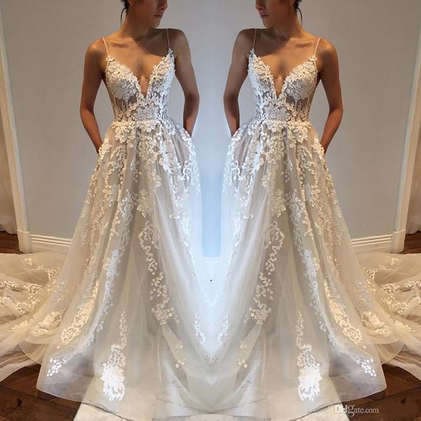 

backless wedding dresses v-neck spaghetti straps sleeveless bridal gowns lace appliques court train a line plus size wedding dress, White