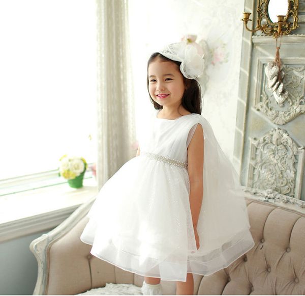 

prettybaby 2016 summer white girls dress sleeveless pure white pearl belt mesh tutu dress ing, Red;yellow