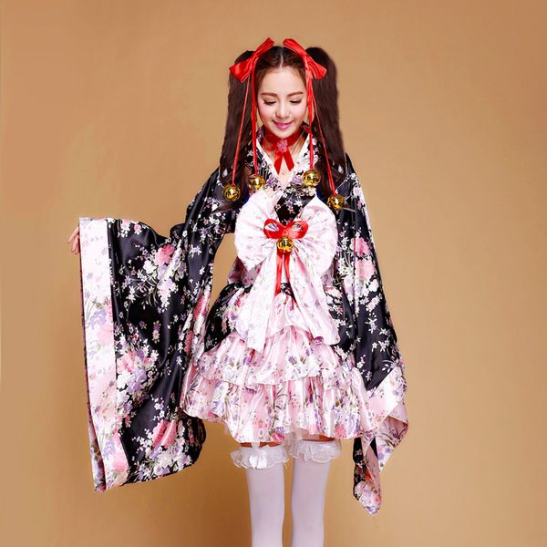 

wholesale-2018 new item heavy sakura cosplay anime outfit japanese kimono maid lolita costume princess women dress, Black;red