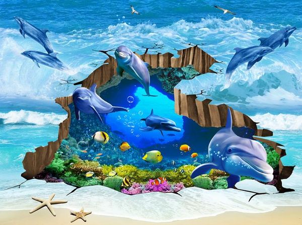 

wave 3d dolphin crack underwater world floor tiles floor wallpapers for living room