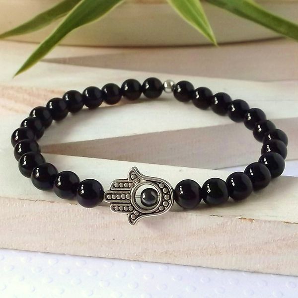 SN0307 Hamsa Hand schwarzer Achat Naturstein Armband Mala Yoga Mann Armband Stretch Herrenschmuck neues Design Armband