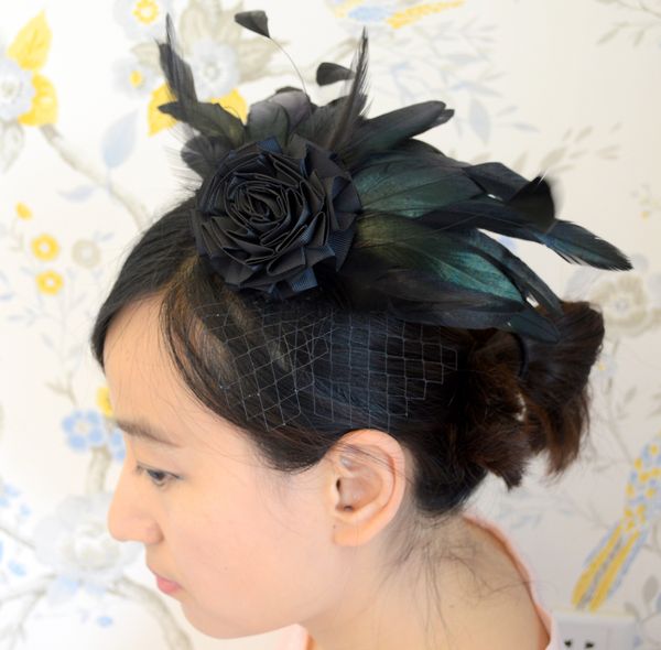 Natural Black Bridal Feather Fascinator With Silk Flower And Veil Wedding Feather Headpiece Bridal Feather Hair Accessory Irisf003 Toddler Hair
