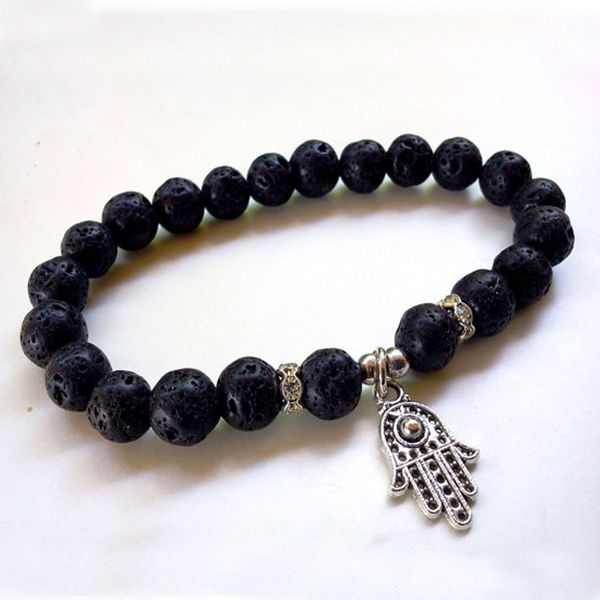 

sn0590 trendy silver hamsa charm bracelet lava men bracelet lava hamsa protection bracelet for man good luck bracelet, Black