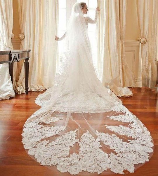 

new elegant soft tulle 1t applique edge without comb lvory white wedding veil cathedral bridal veils 3m length, Black