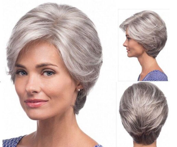 Acheter Xiu Zhi Mei Droite Argent Gris Court Perruque Côté Frange Mode Résistant à La Chaleur Synthétique Gris Coiffures Perruques De Cheveux Pour Les