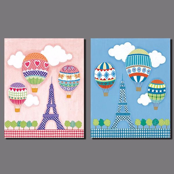 

air balloon sweet eiffel tower pink blue picture decoration canvas painting wall art children kid room print home decor unframed