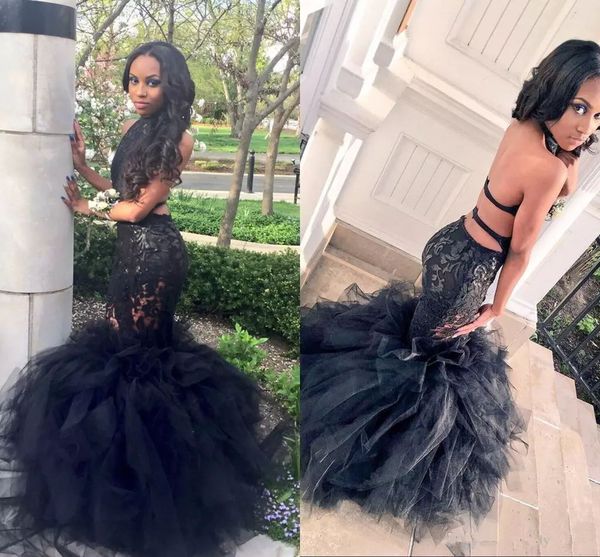 

black long mermaid prom dresses halter backless tiered puffy train floor length evening party gowns formal dresses custom made