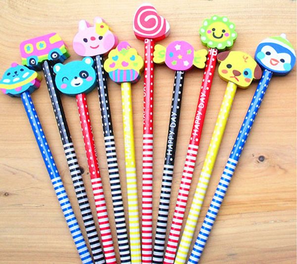 

wholesale- 10pcs cartoon animals series wooden pencil with eraser children pencils for kid school office supply escolar papelaria
