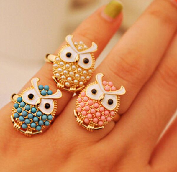 

owl pearl ring for women cute mix colors korean style girl jewelry gift new wholesale blue white pink, Silver