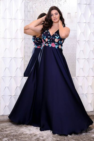 

stunning navy blue plus size prom dresses v-neck floral appliques evening gowns a-line floor length chiffon formal dress, Black