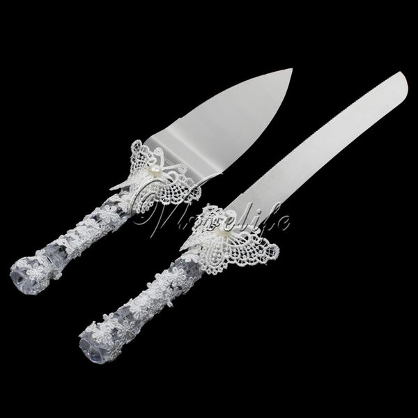 White Wedding Cake Knife Set With Lace Butterfly Pearls Satinless