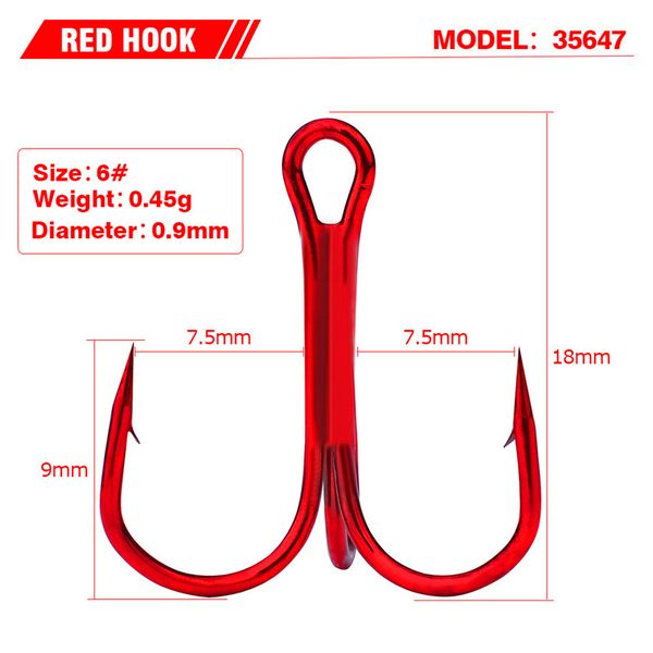 

5size red painted high strength stainless steel vmc fishing hooks treble hook with barb freshwater/saltwater fishing tackle