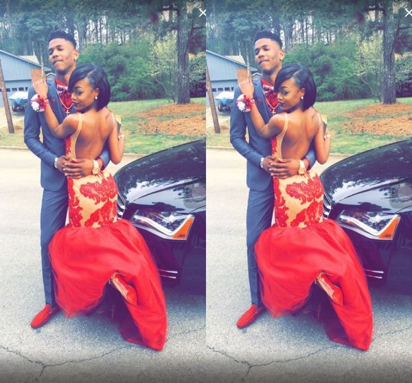 

Sexy Black Girl Prom Dresses V-Neck Backless Red Appliques Lace Champagne Satin Trumpet Evening Dresses Wear Formal Cocktail Party Dress