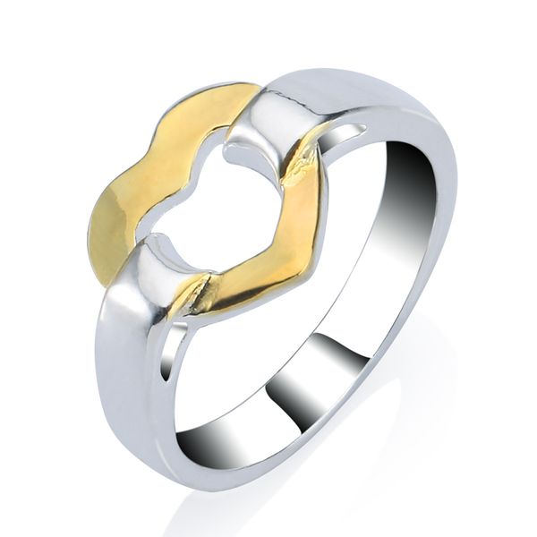 

rellecona women classic 925 sterling silver heart-shaped ring fashion jewelry silver with yellow gold plated rings, Golden;silver