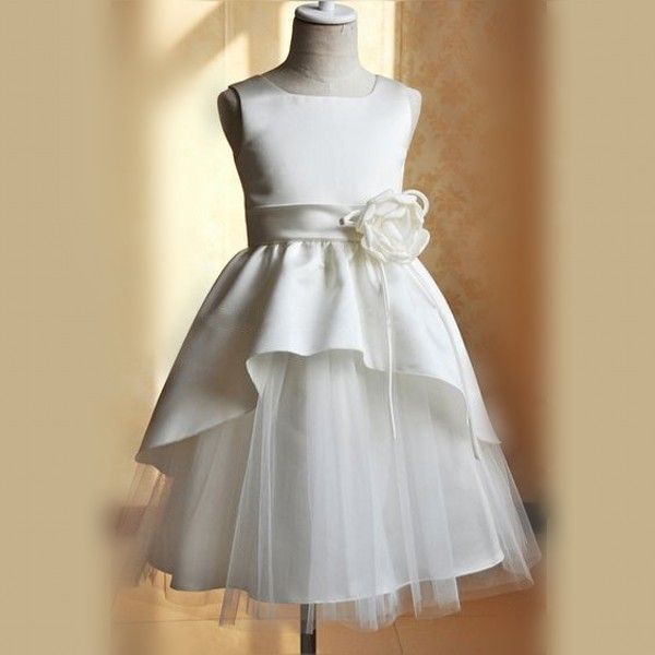 

white flower girl dresses with handmade flowers 2017 crew sleeveless high low girls pageant gowns baby birthday party dresses for wedding, White;blue