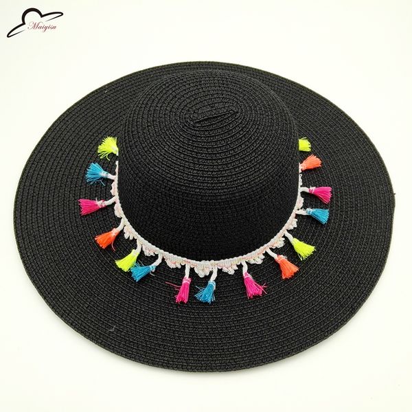 

wholesale- new summer wide large brim straw hats for women beach sun hats colorful tassels contrast color panama hats sun cap chapeau, Blue;gray