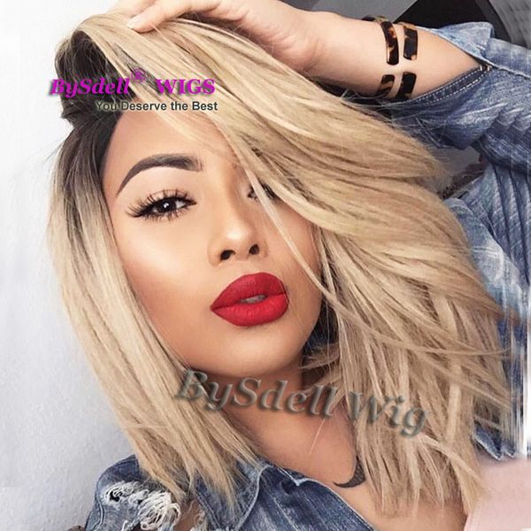 Short Black Root Ombre Premium Natural Blond Color Hair Front Lace