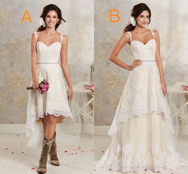 

two styles lace applique country wedding dress high low short bridal dresses and floor length multi layers garden bohemian robe de gowns, White